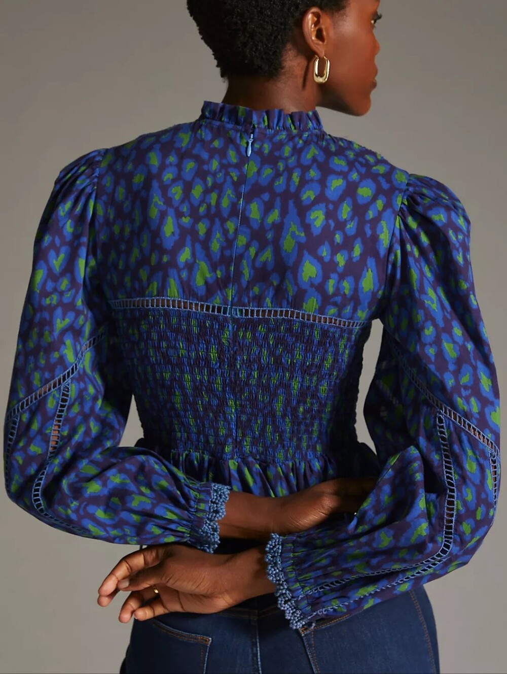 FARM Rio Blue and Green Smocked Peplum Blouse - Picture 3 of 15